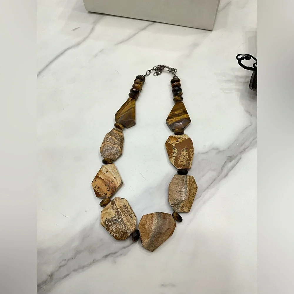 Natural Stone & Tiger Eye 3 pc Statement Beaded Necklace Earrings Bracelet Brown
